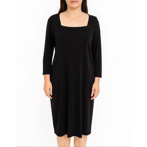 VTG Misook Black Knit Shift Dress L 3/4 Sleeve Classic Square Neck LBD Travel